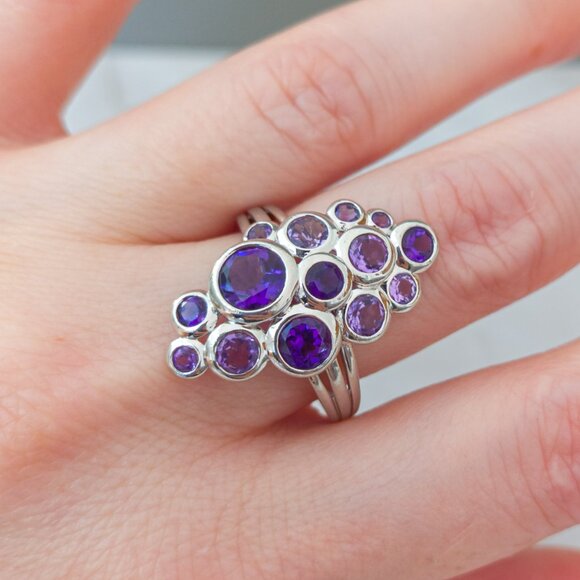 Sterling Silver Cluster Ring with Amethyst and Pink Amethyst – Size 10 - Picture 3 of 10